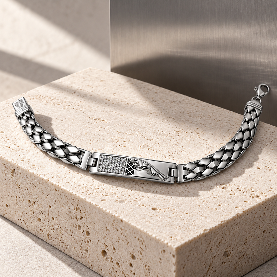 Silver Panther Engraved Pave ID Mens Bracelet