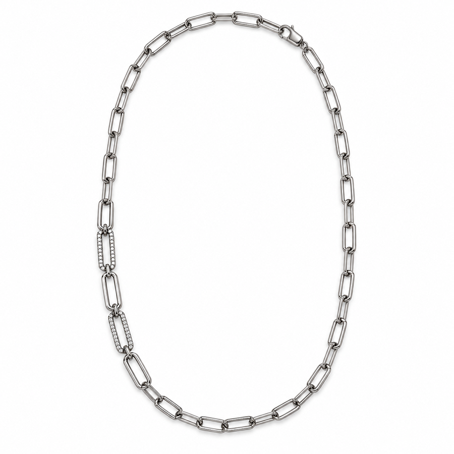 Silver Paperclip Link Pave Accent Chain