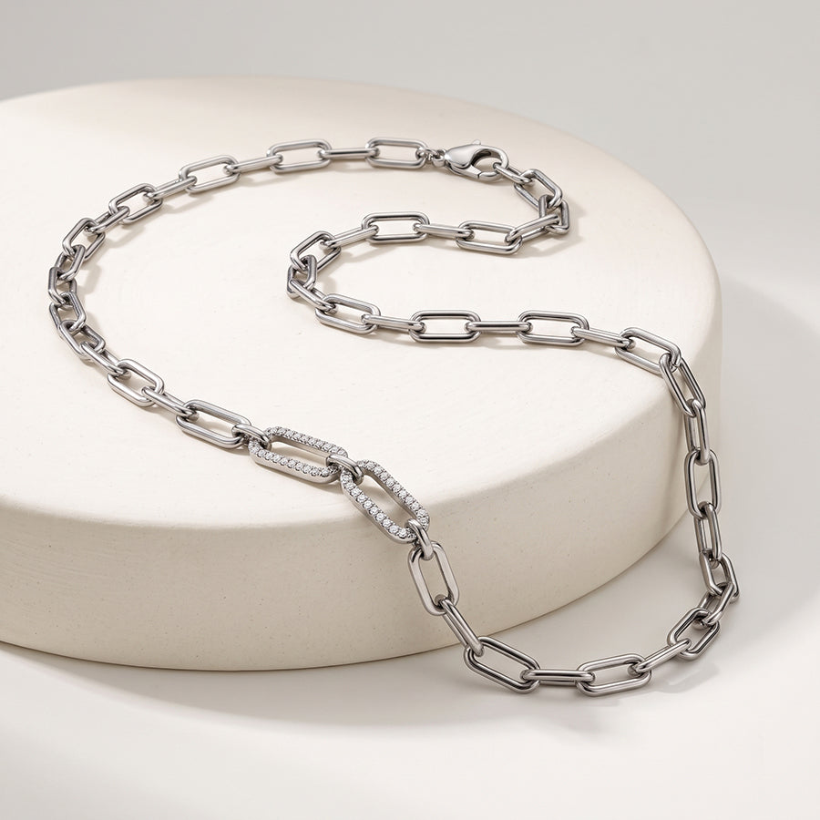 Silver Paperclip Link Pave Accent Chain