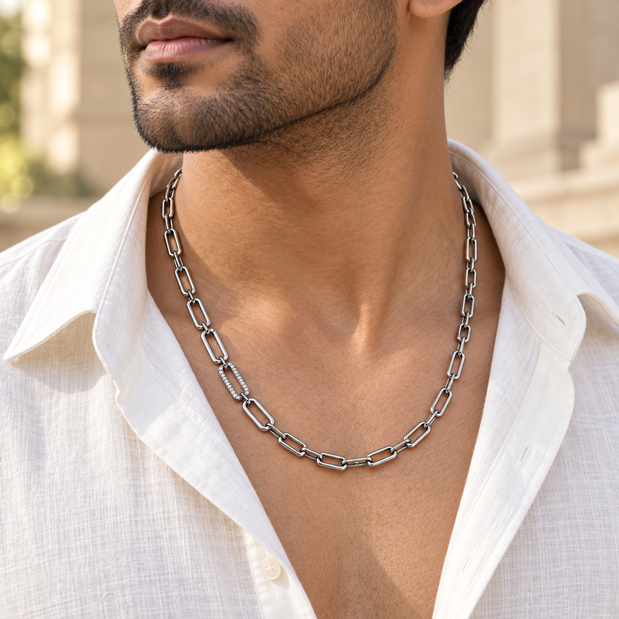 Silver Paperclip Link Pave Accent Chain