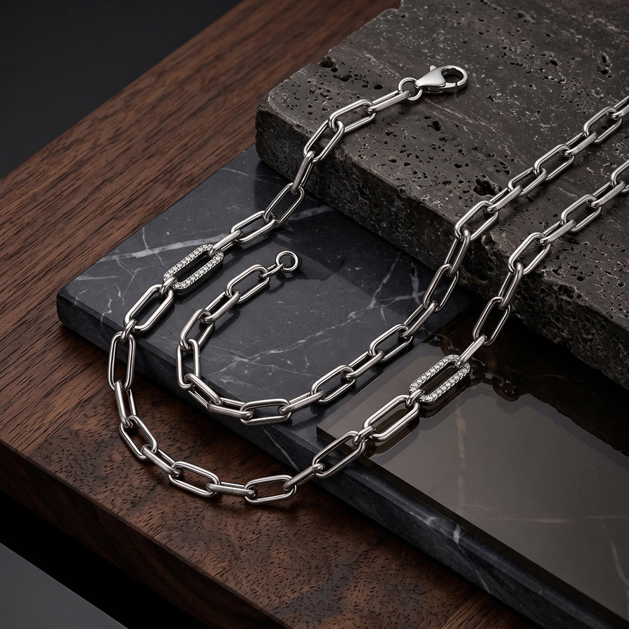 Silver Paperclip Link Pave Accent Chain