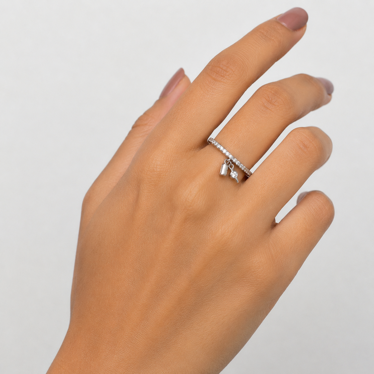 Silver Pave Band Padlock Charm Ring