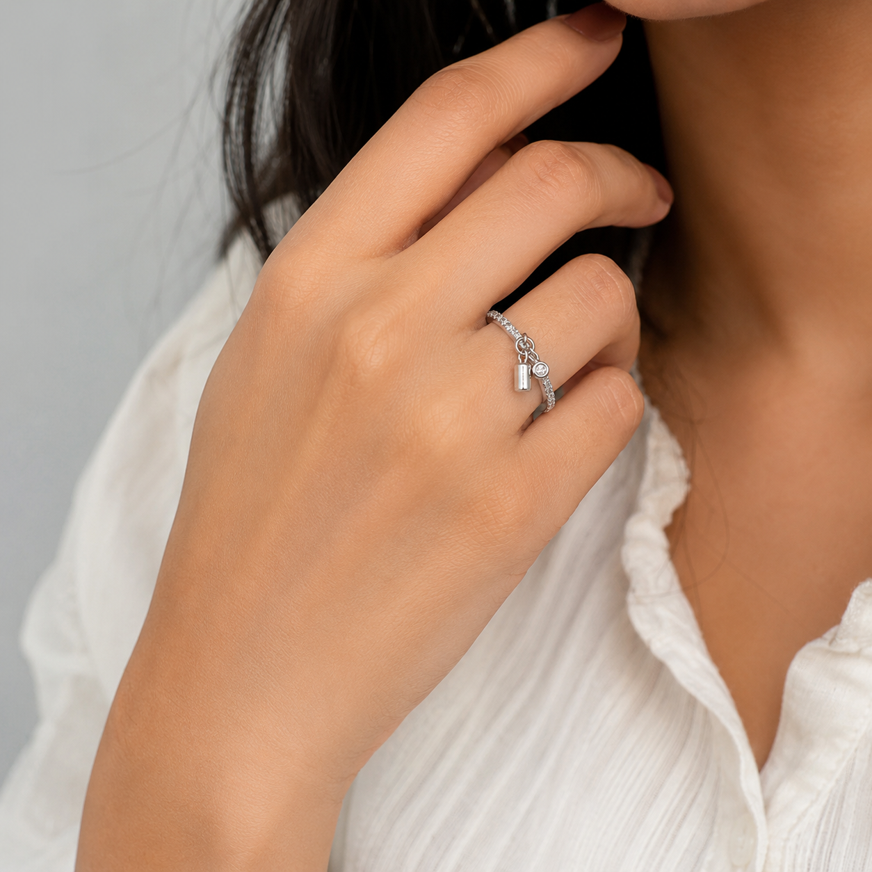 Silver Pave Band Padlock Charm Ring
