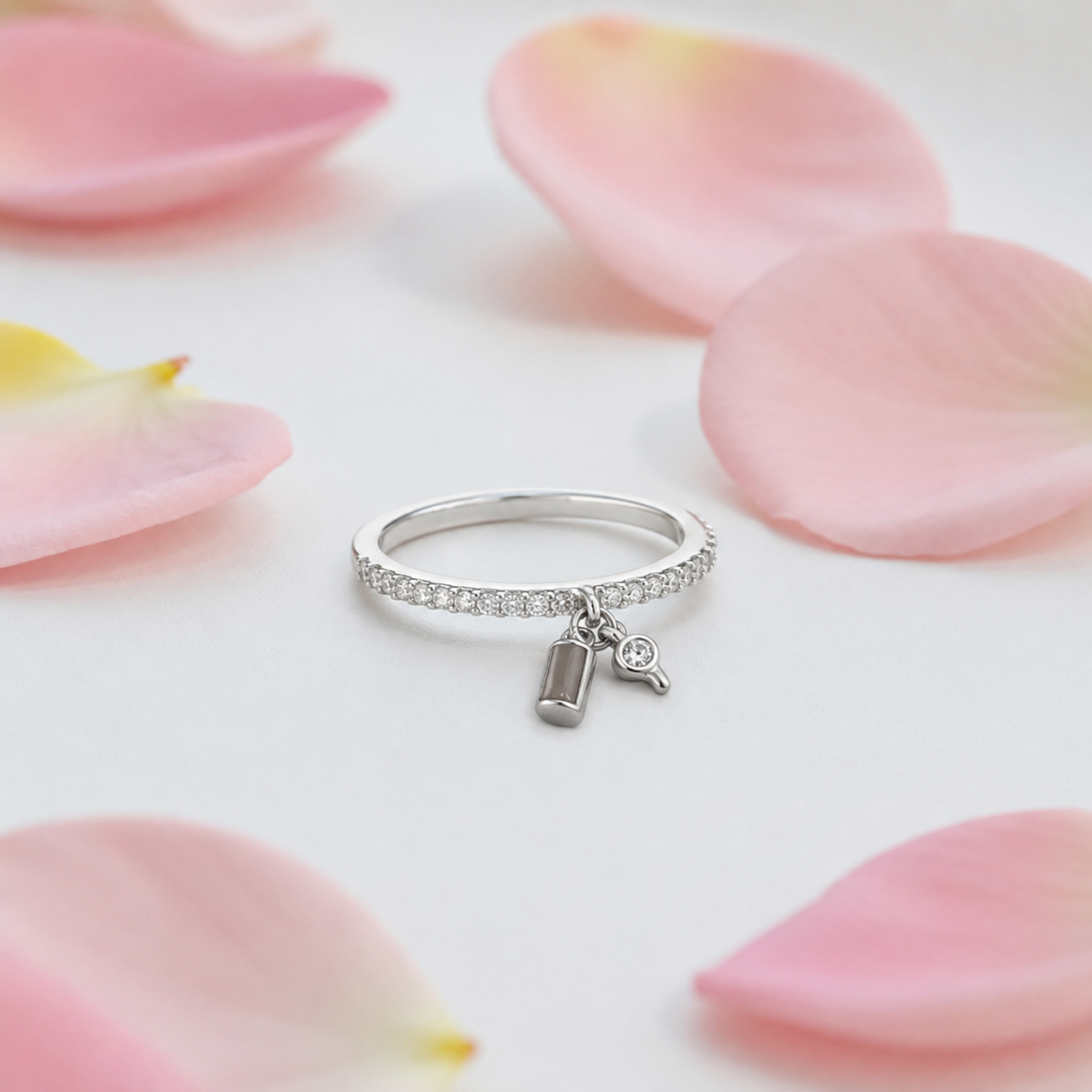 Silver Pave Band Padlock Charm Ring