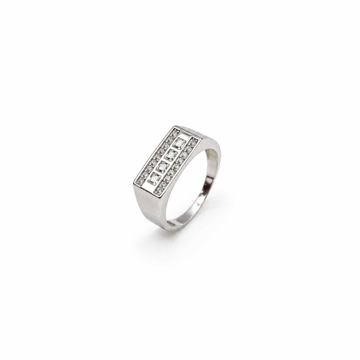 Silver mens ring with a raised pave block top