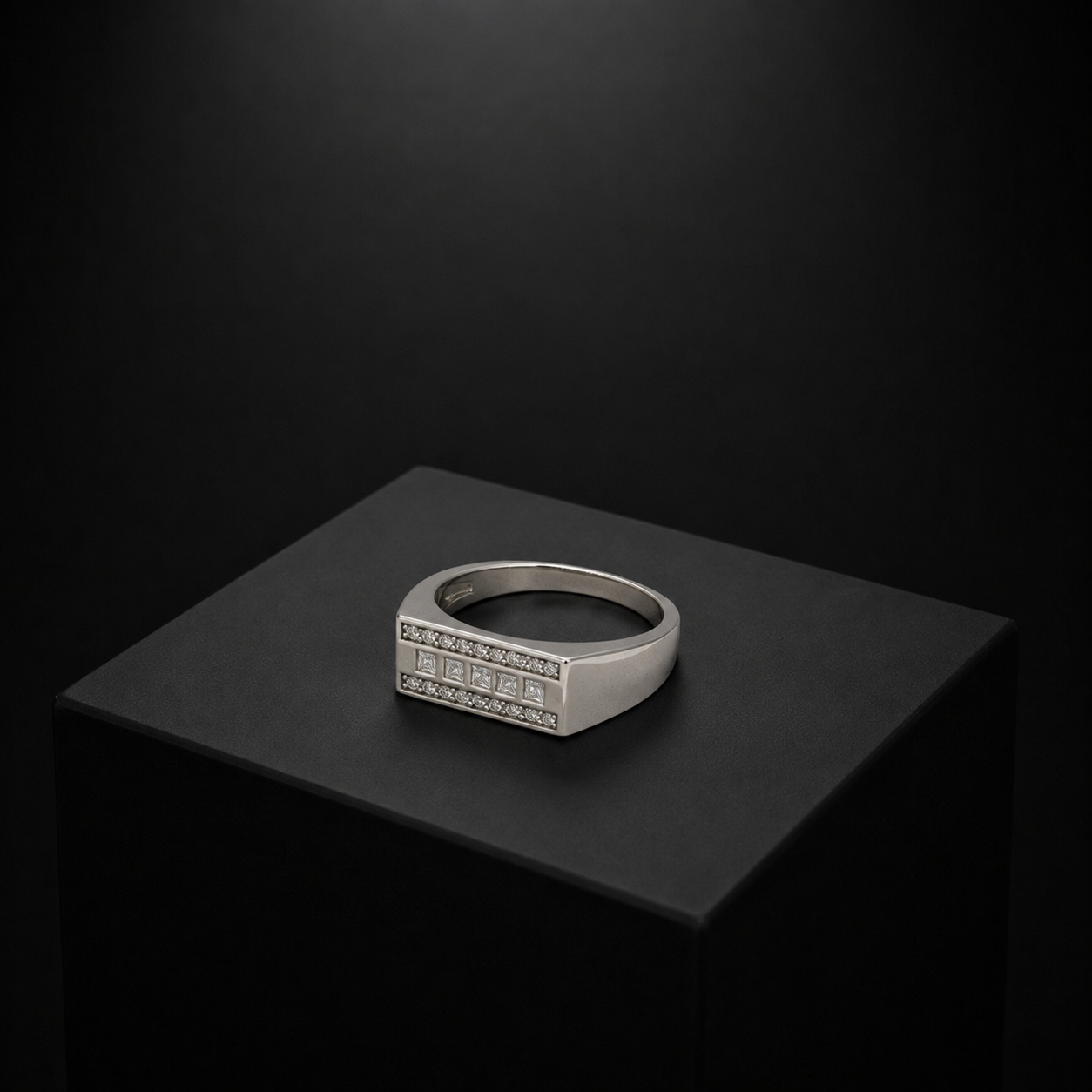 Squared pave block on a polished silver mens ring