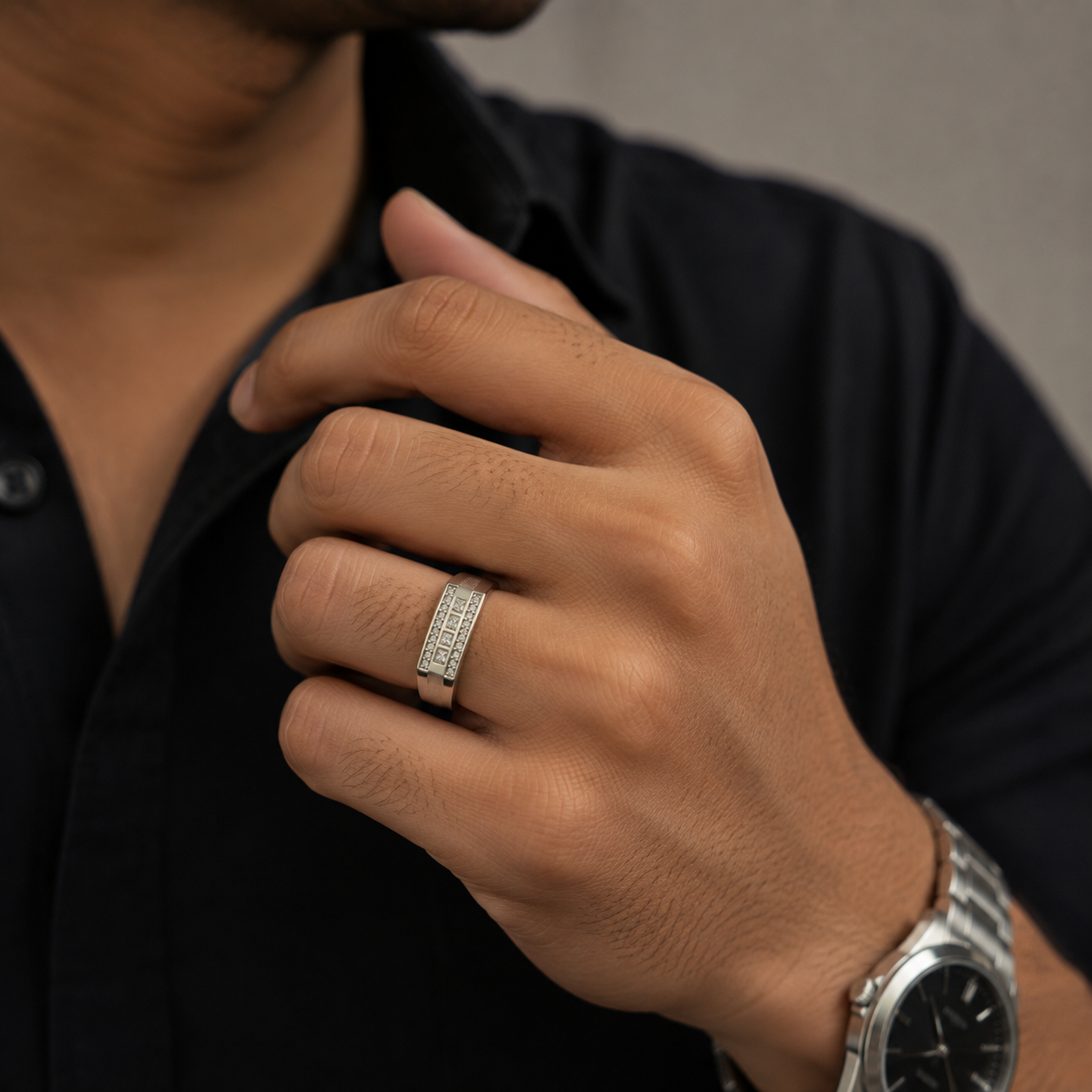 925 sterling silver pave block ring for men