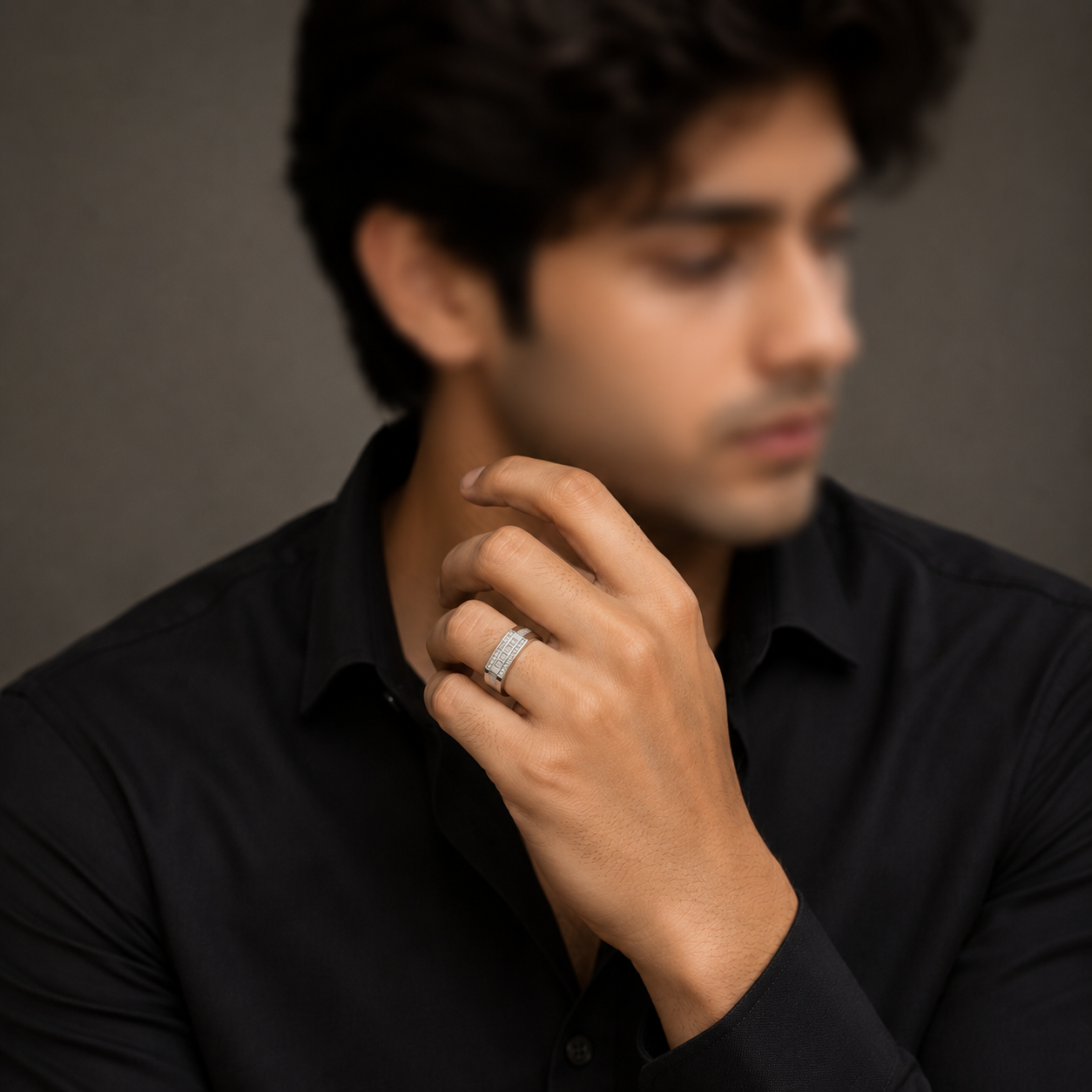 Raised block mens ring with full pave top face