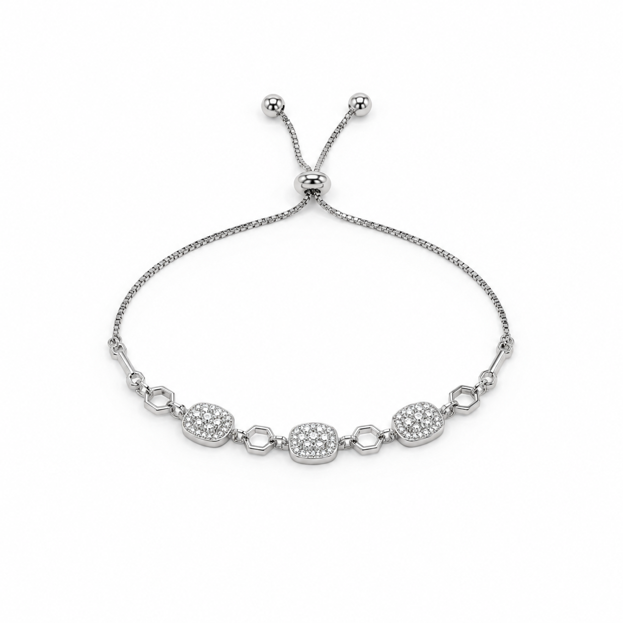 Silver pave cushion bolo bracelet in 925 sterling silver