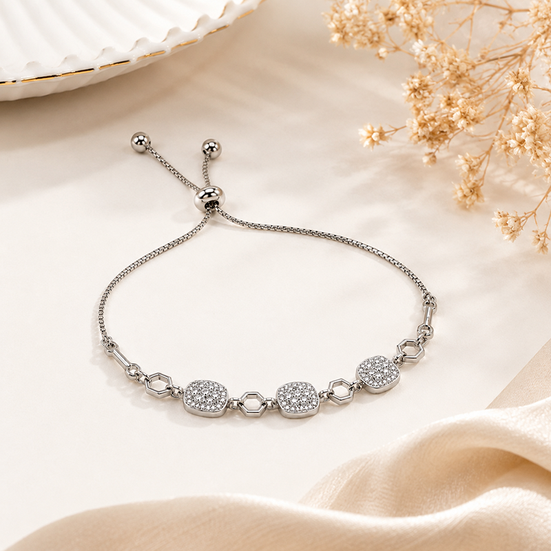 Silver pave cushion bolo bracelet in 925 sterling silver