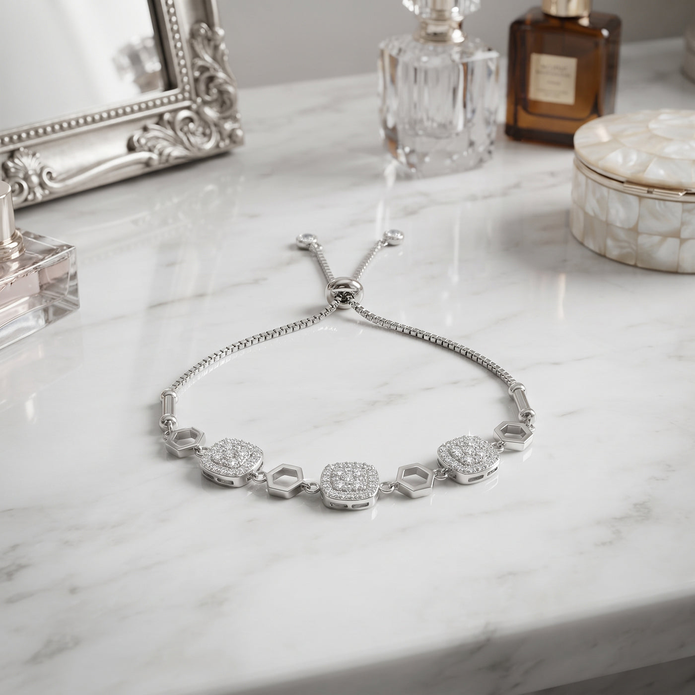 Silver pave cushion bolo bracelet in 925 sterling silver