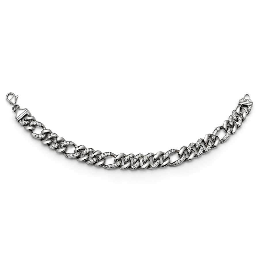 Silver Pave Figaro Chain Mens Bracelet
