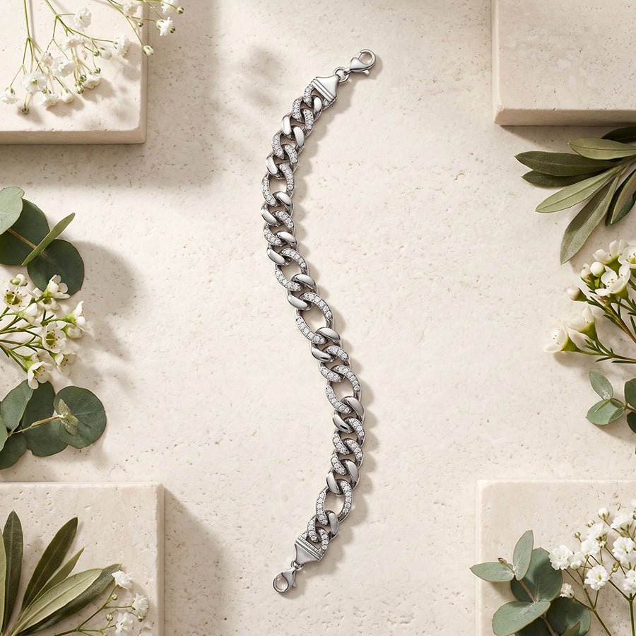 Silver Pave Figaro Chain Mens Bracelet