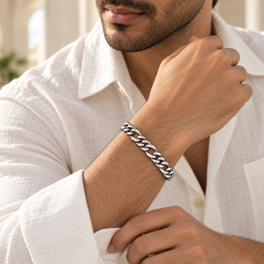 Silver Pave Figaro Chain Mens Bracelet