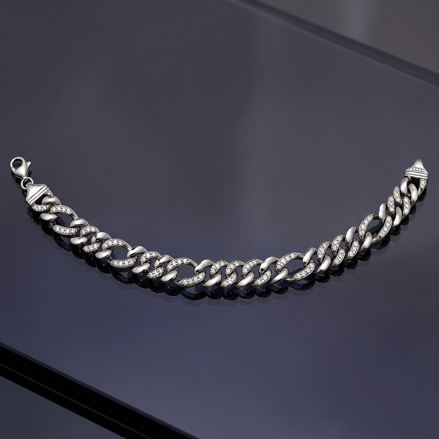 Silver Pave Figaro Chain Mens Bracelet