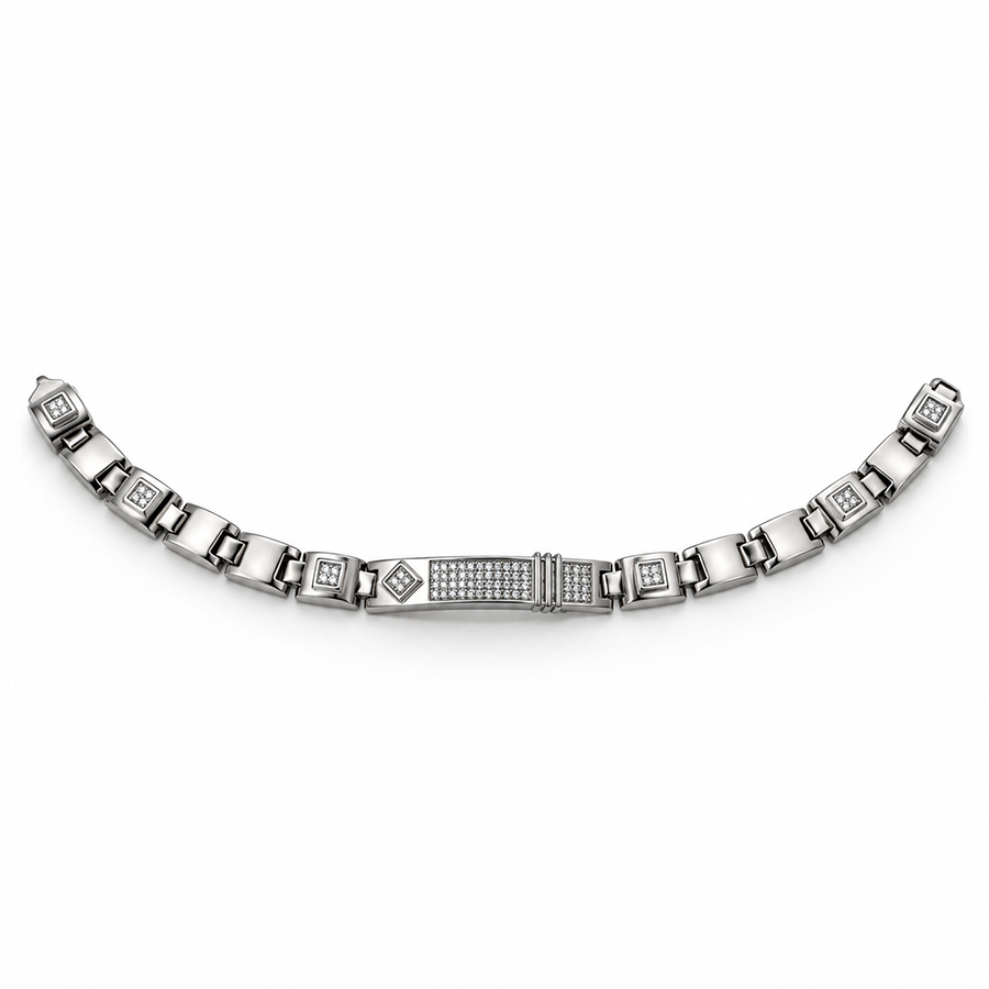 Silver Pave ID Bar Mens Bracelet
