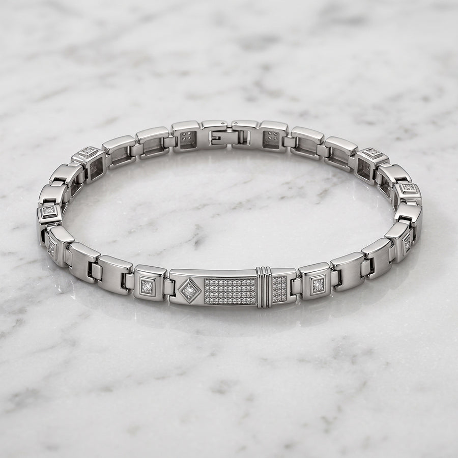 Silver Pave ID Bar Mens Bracelet