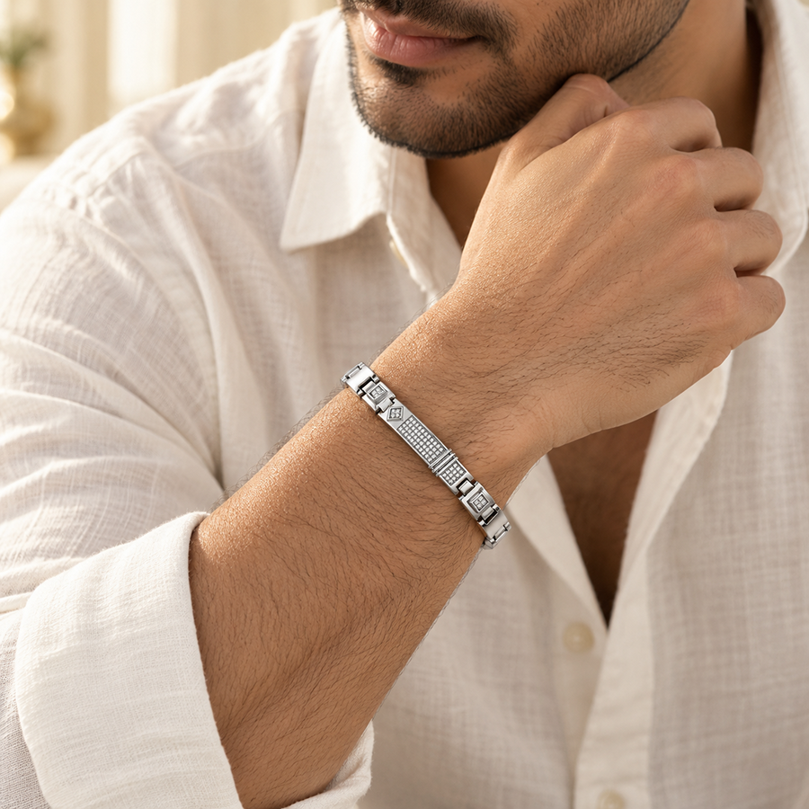 Silver Pave ID Bar Mens Bracelet