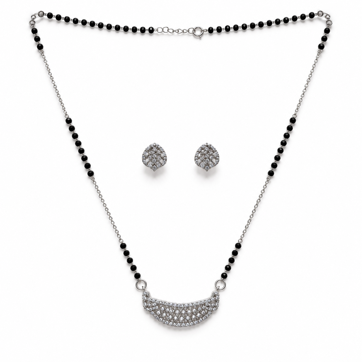 Silver Pave Lattice Crescent Mangalsutra Set