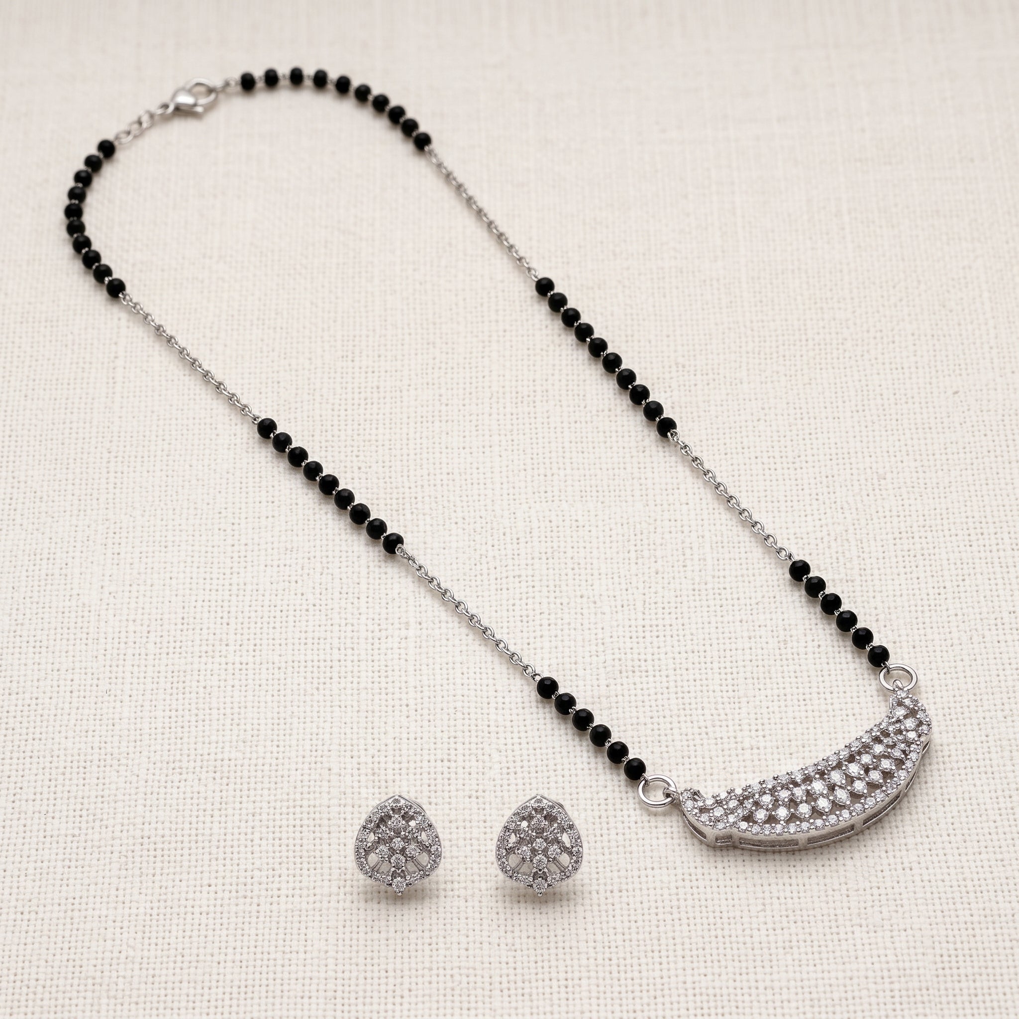Silver Pave Lattice Crescent Mangalsutra Set