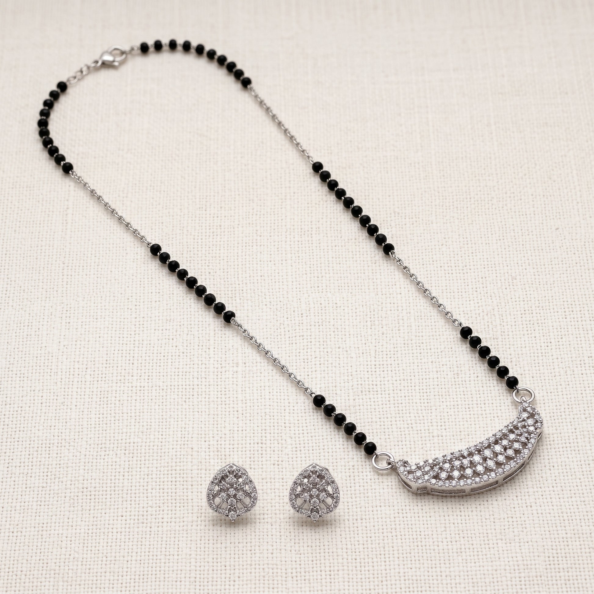 Silver Pave Lattice Crescent Mangalsutra Set