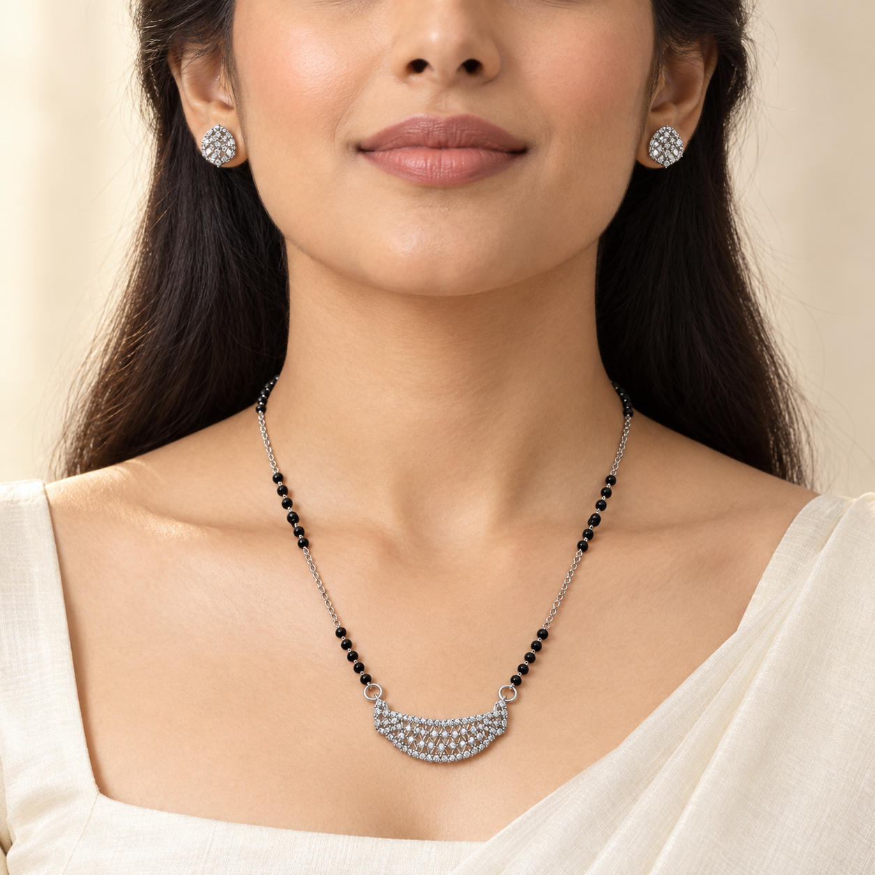 Silver Pave Lattice Crescent Mangalsutra Set