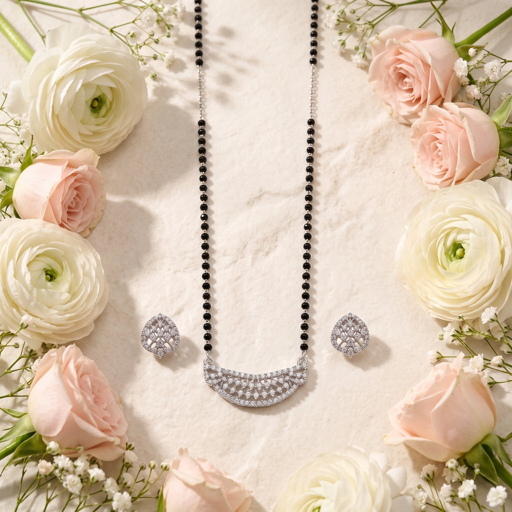 Silver Pave Lattice Crescent Mangalsutra Set