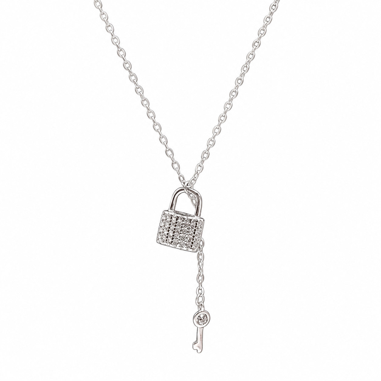 Silver Pave Lock and Key Necklace