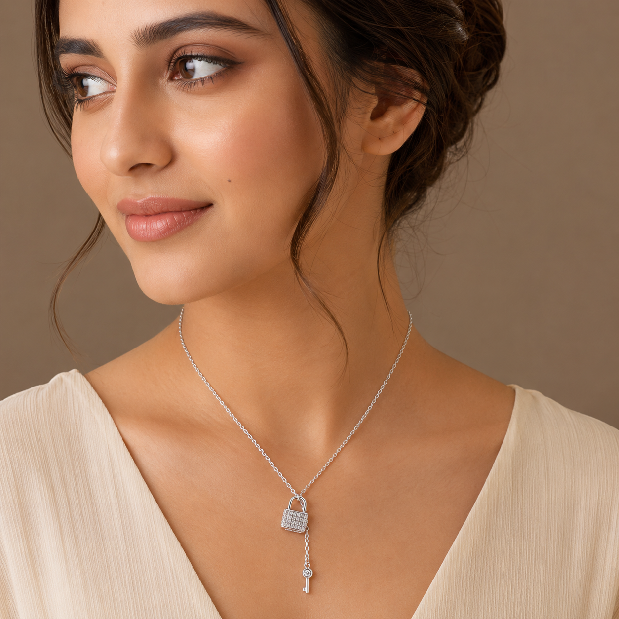 Silver Pave Lock and Key Necklace