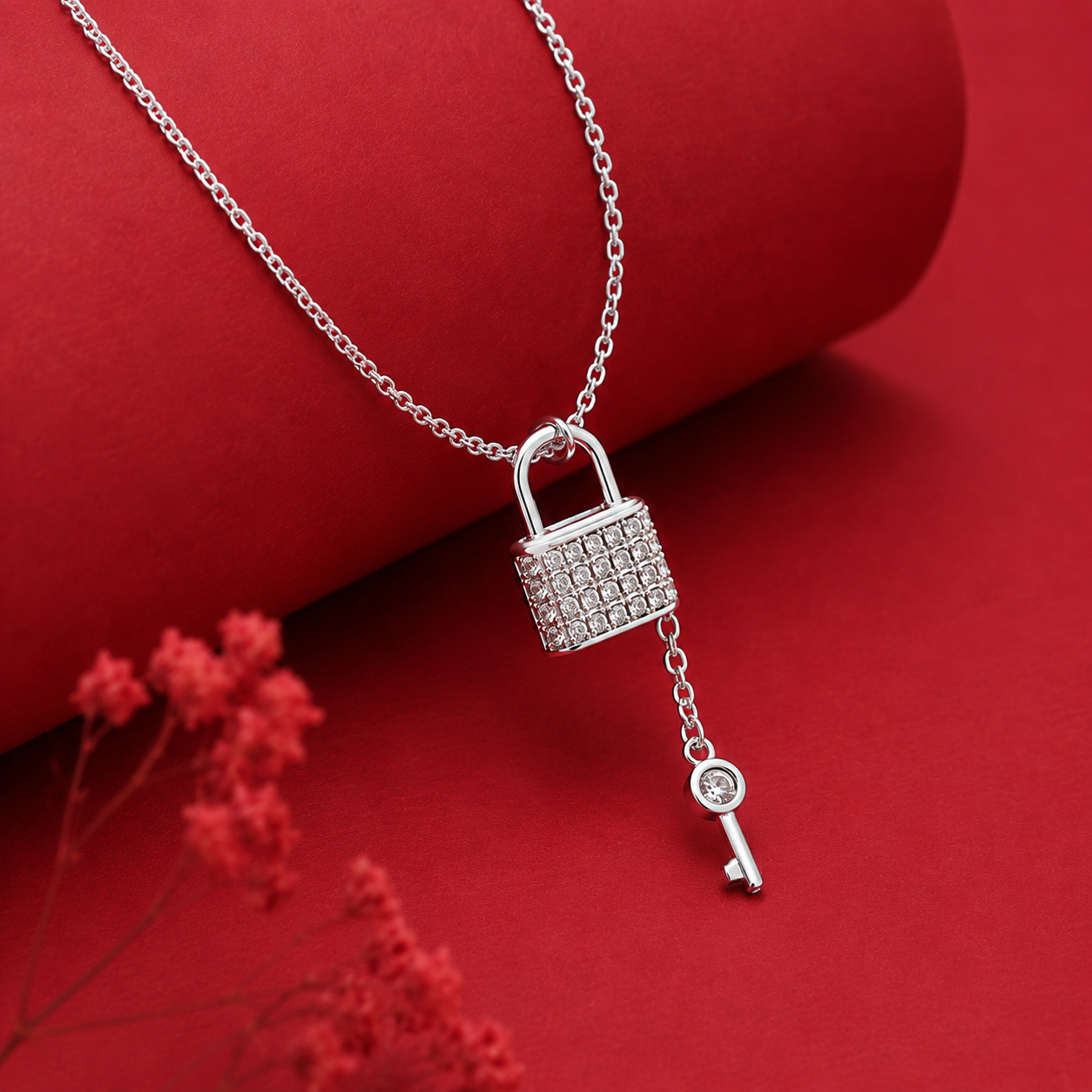 Silver Pave Lock and Key Necklace