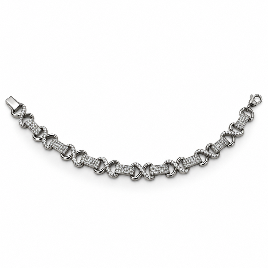Silver Pave Round Link Mens Bracelet