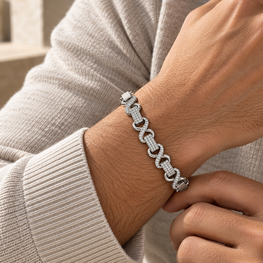 Silver Pave Round Link Mens Bracelet