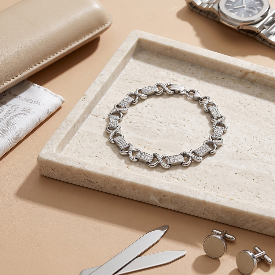 Silver Pave Round Link Mens Bracelet