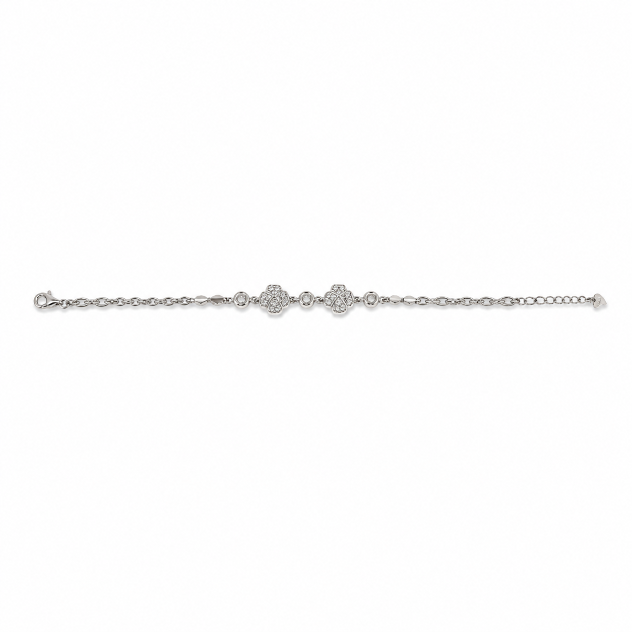 Silver pave four leaf clover station chain bracelet in 925 sterling silver