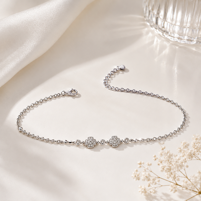 Silver pave four leaf clover station chain bracelet in 925 sterling silver