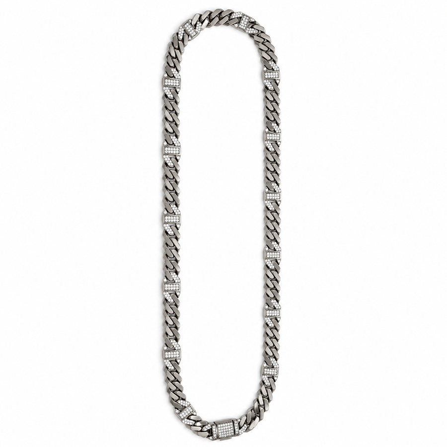 Silver Pave Station Cuban Link Chain