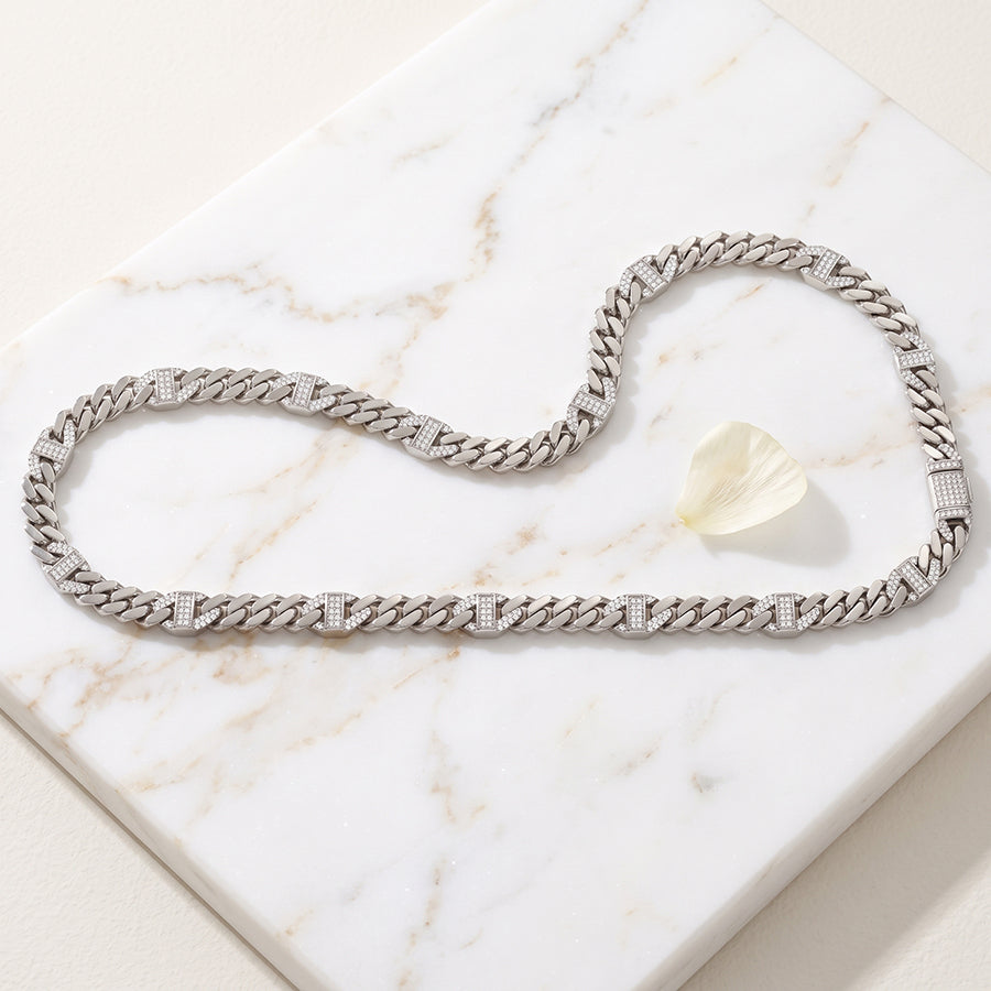 Silver Pave Station Cuban Link Chain