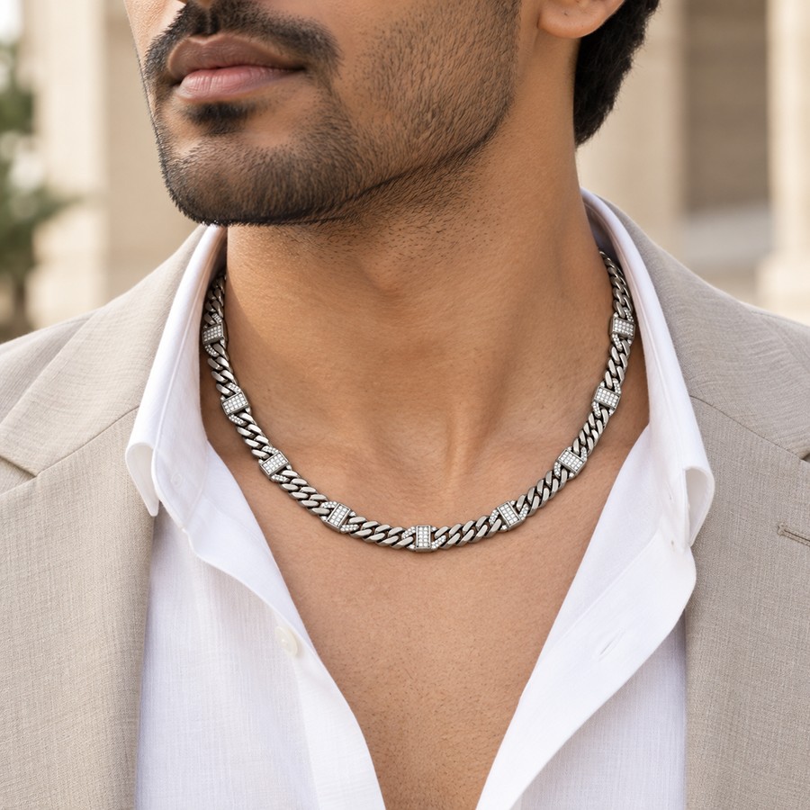 Silver Pave Station Cuban Link Chain