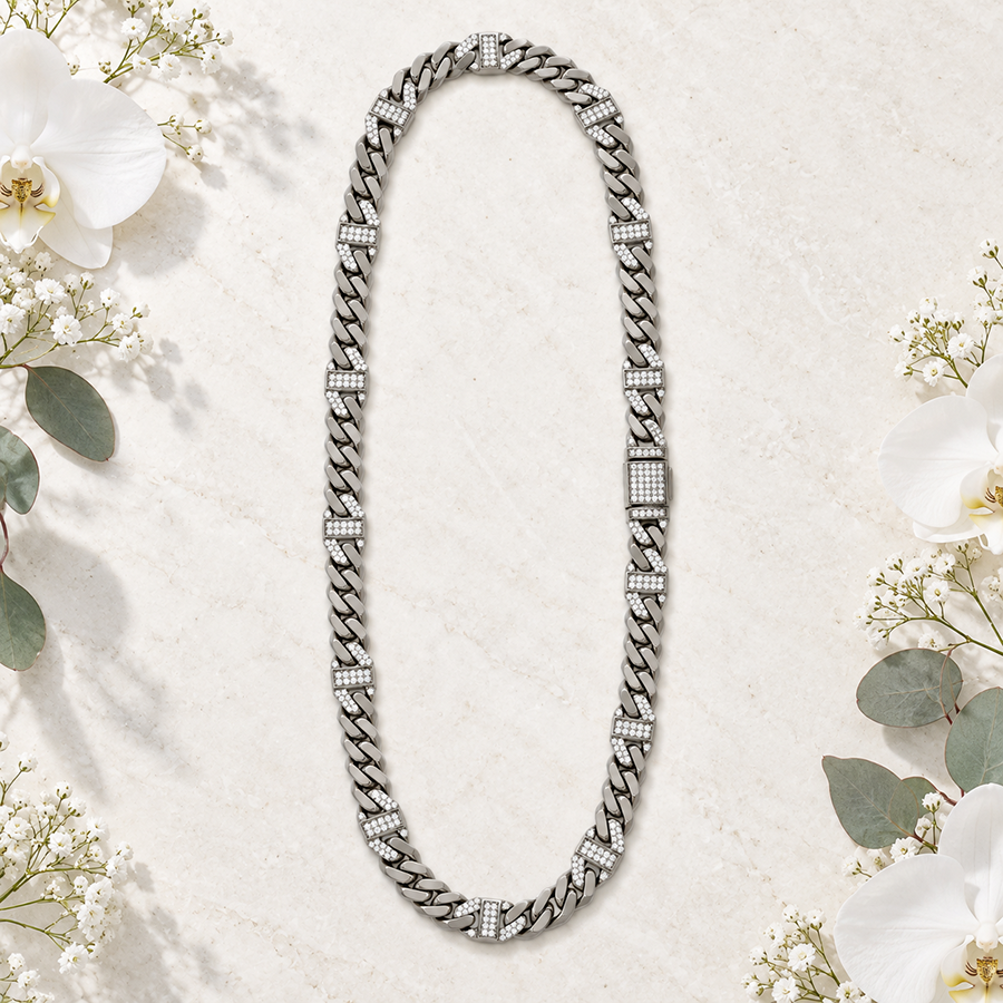 Silver Pave Station Cuban Link Chain