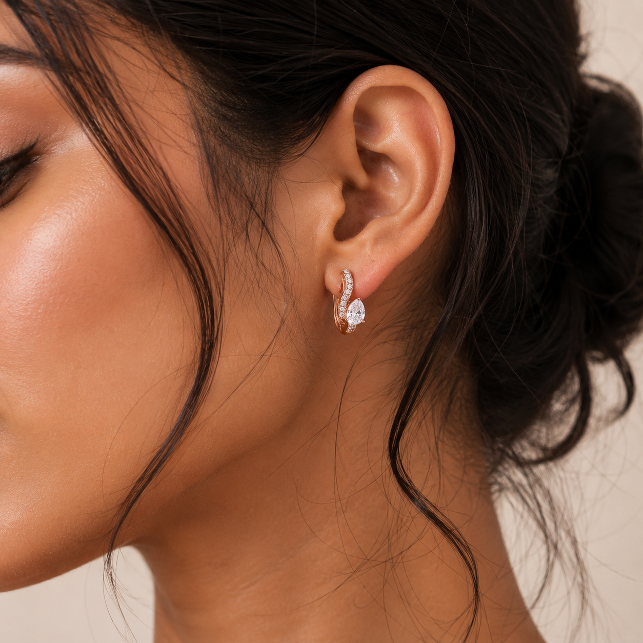 Silver Pear Accent Pave Huggie Earrings