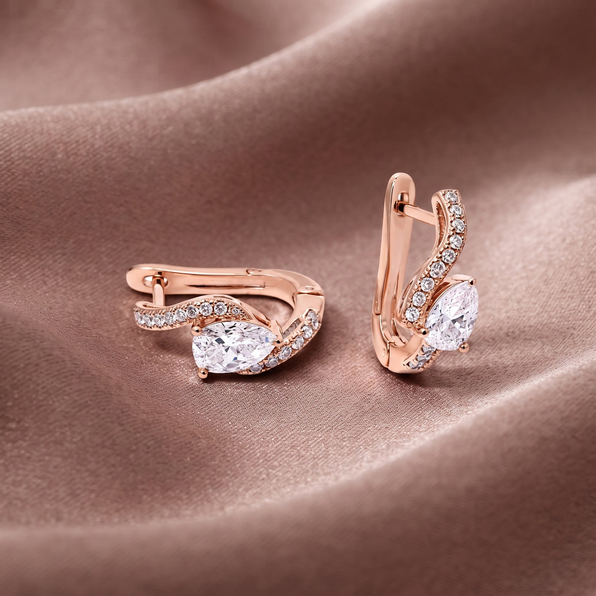 Silver Pear Accent Pave Huggie Earrings