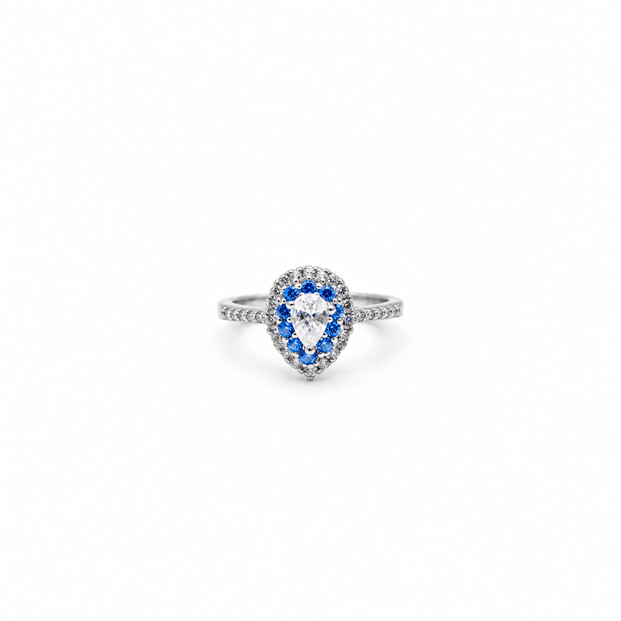 Silver Pear Cut Blue Double Halo Ring