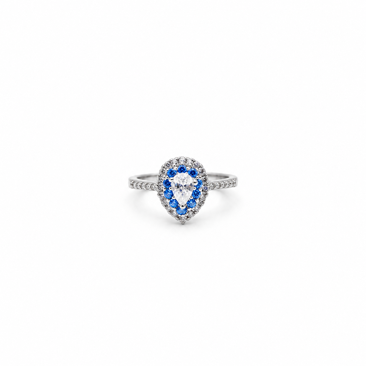 Silver Pear Cut Blue Double Halo Ring