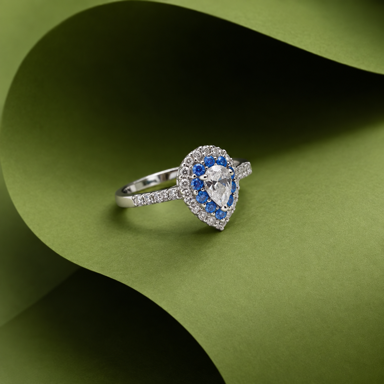 Silver Pear Cut Blue Double Halo Ring