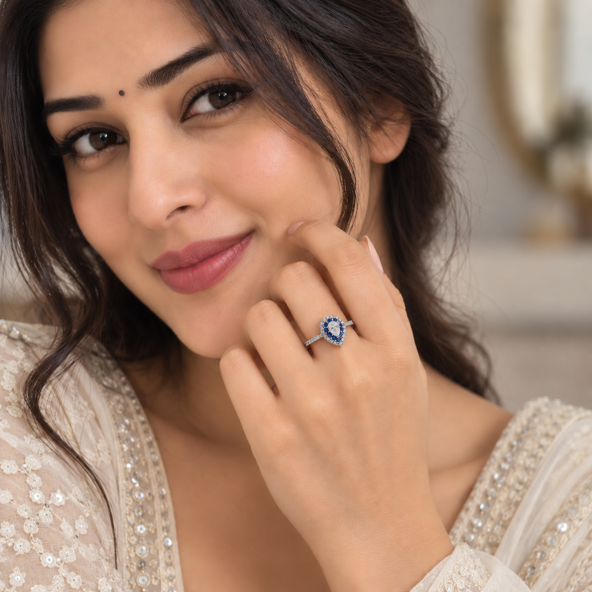Silver Pear Cut Blue Double Halo Ring