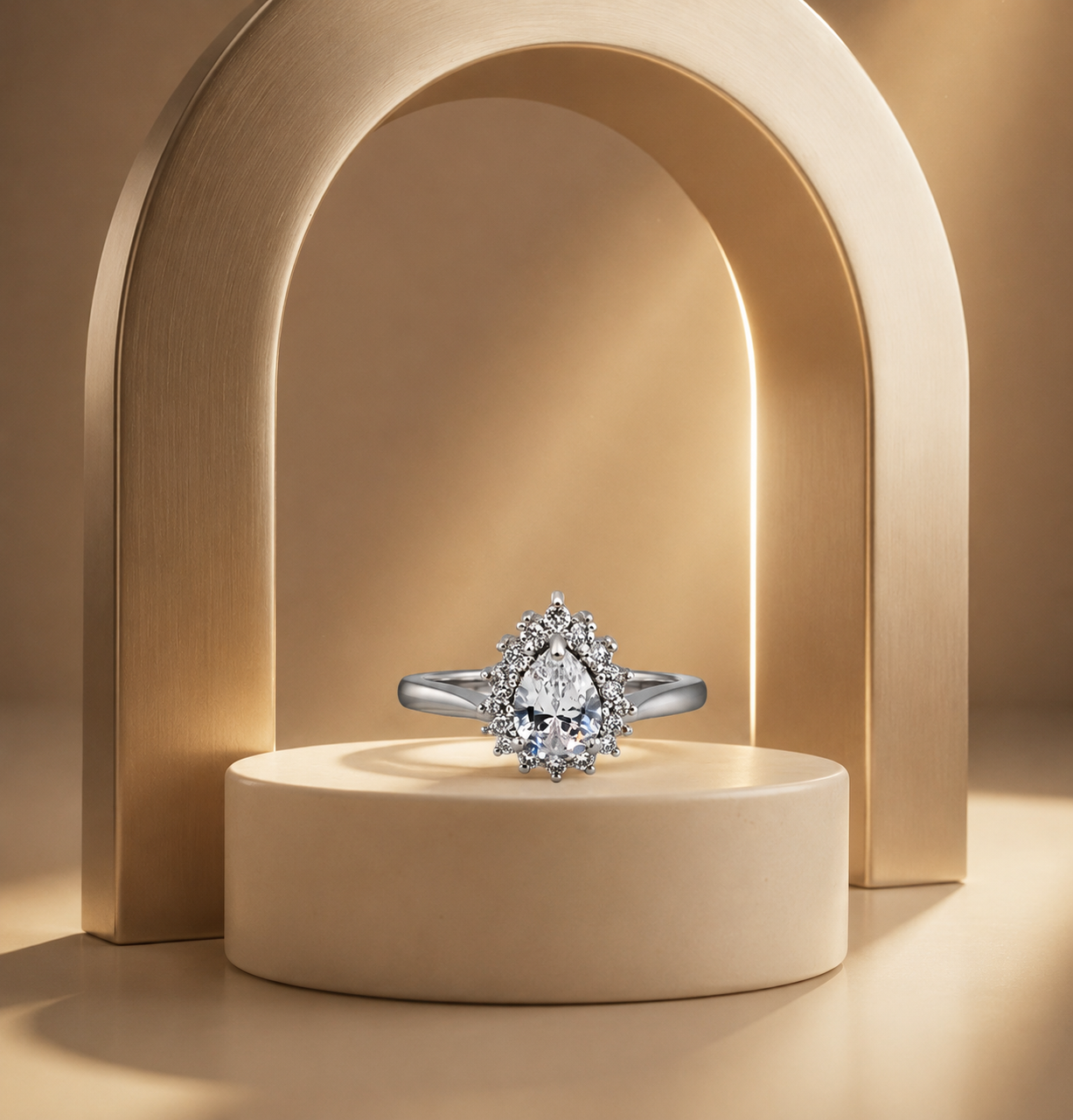 Silver Pear Cut Sunburst Halo Ring