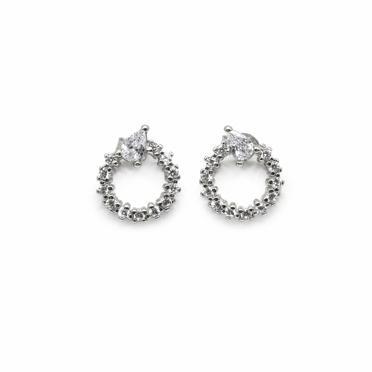 Silver Pear CZ Open Circle Stud Earrings with a pear-shaped CZ accent above a round stone-set open circle