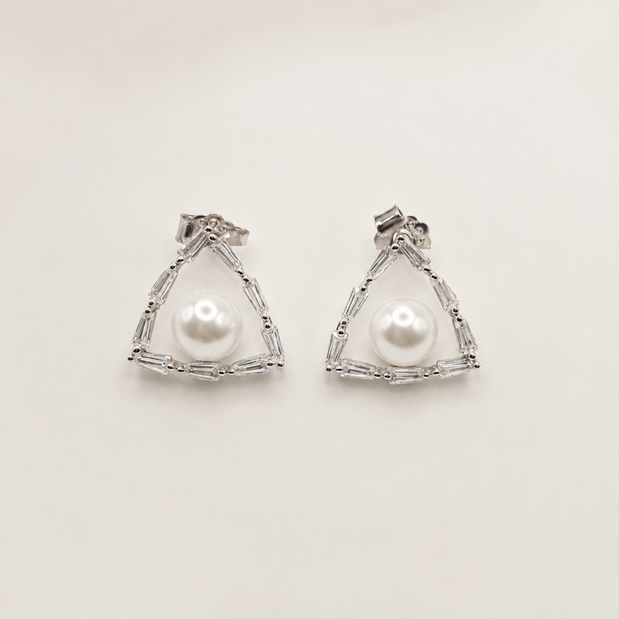 Silver Pearl Baguette Triangle Stud Earrings with round pearl centres framed by baguette stones in an open triangle design