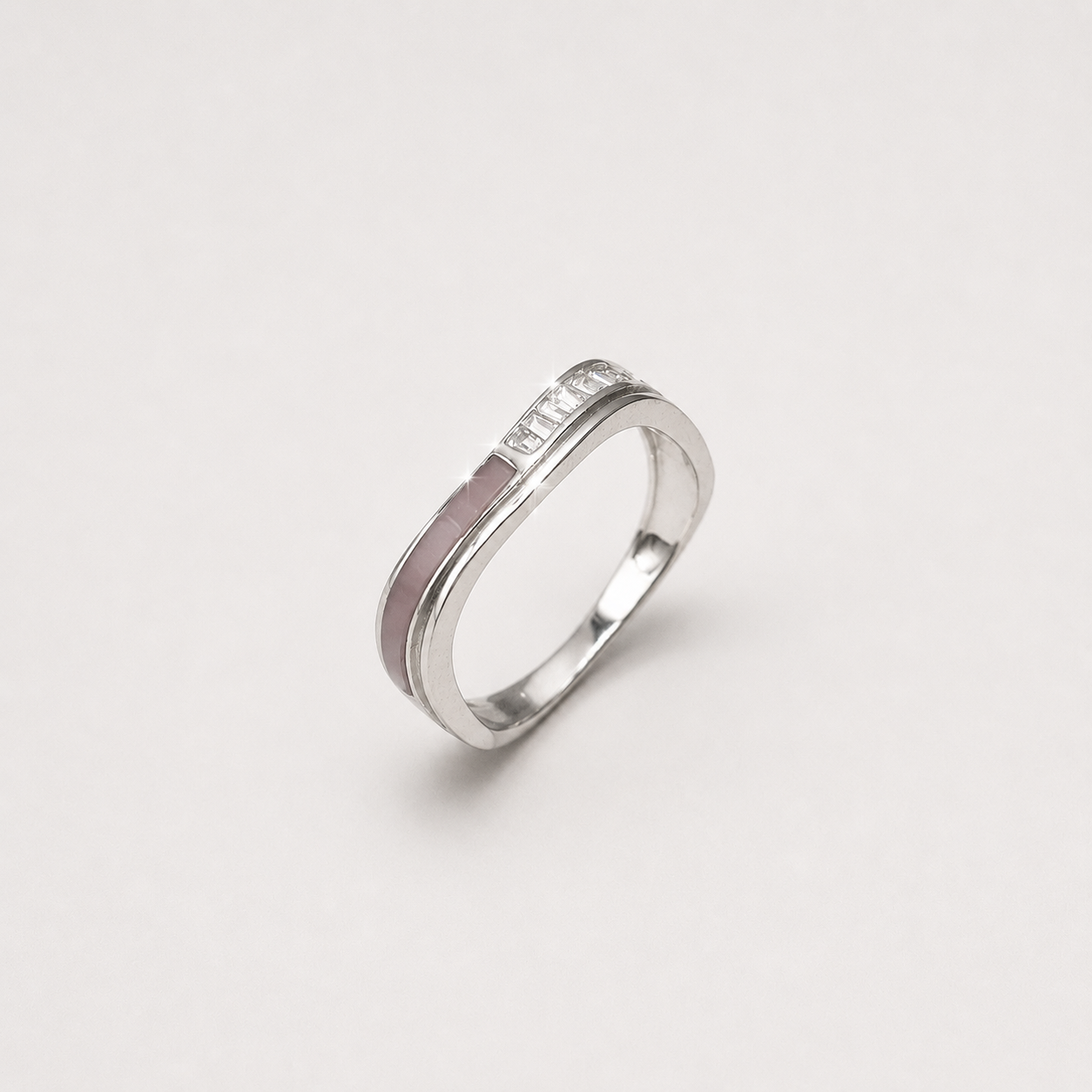 Silver Pink and Baguette Crossover Band Ring