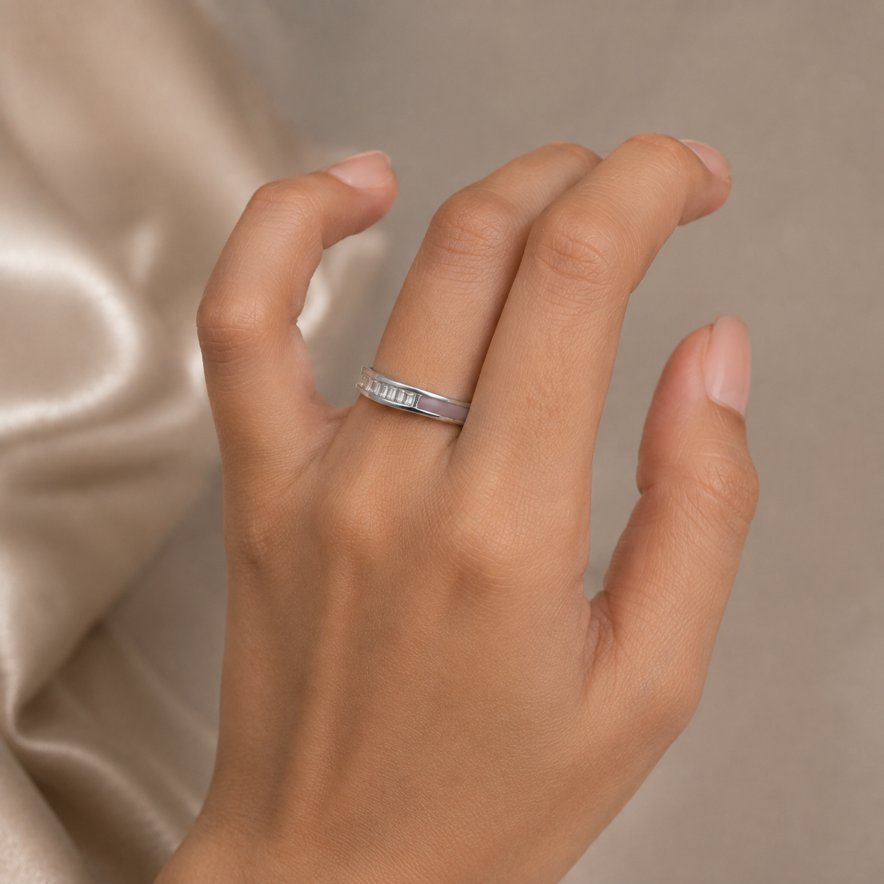 Silver Pink and Baguette Crossover Band Ring
